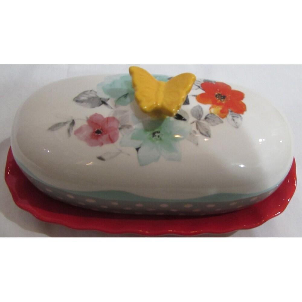 THE PIONEER WOMAN BUTTER DISH FLEA MARKET FLORAL STONEWARE POLKA DOTS BUTTERFLY